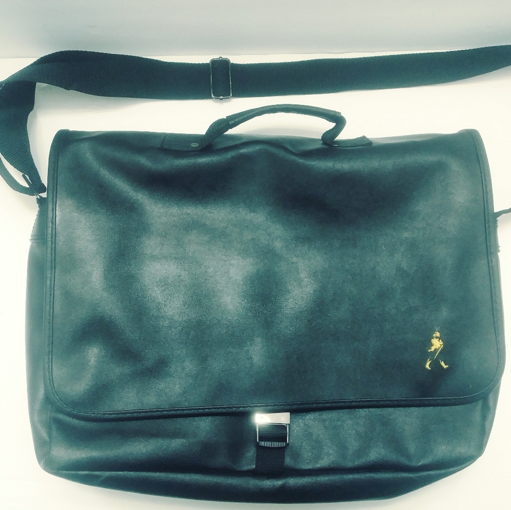 Johnnie Walker Black Leather Professional Messenger Bag w Gold stitch JW Emblem